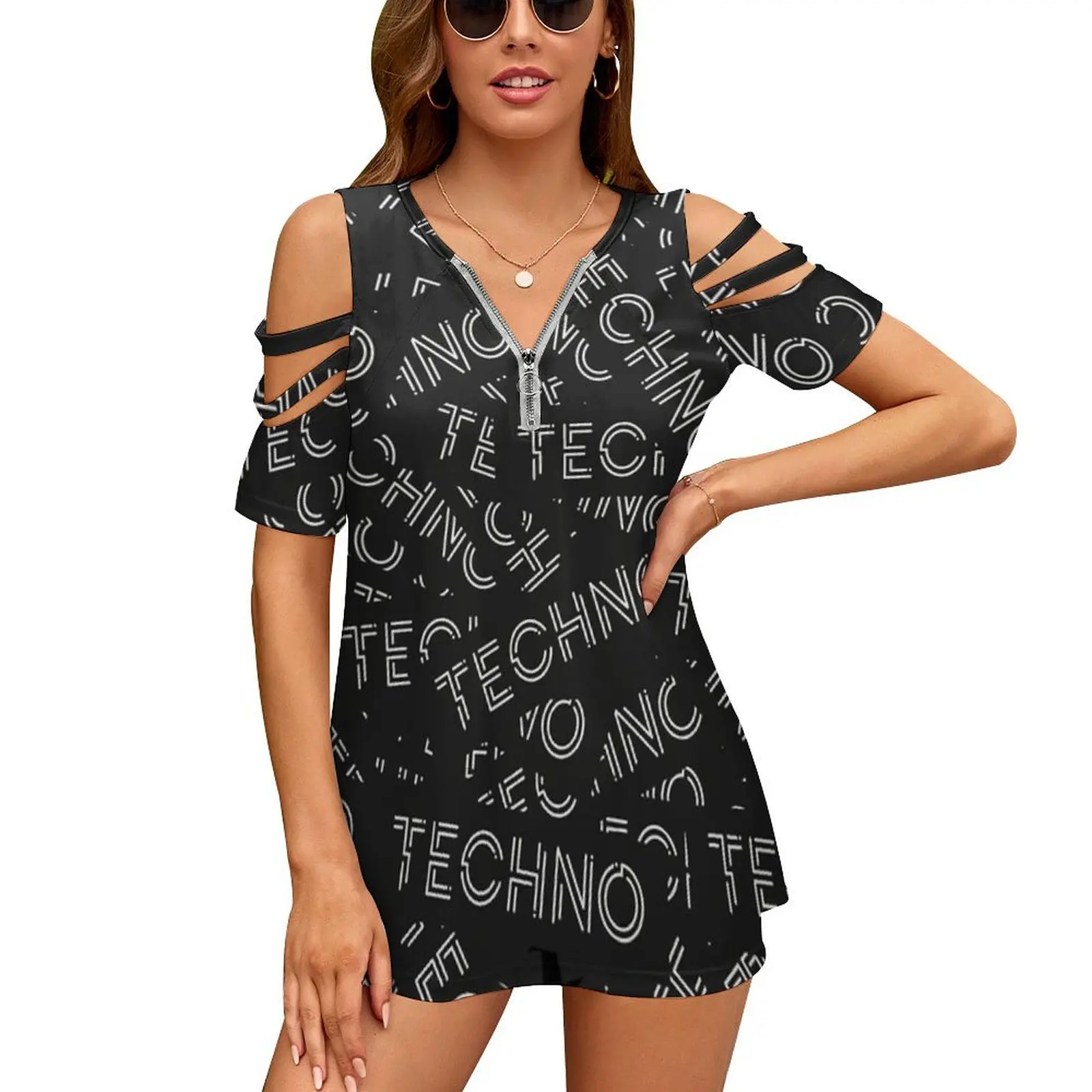 Techno Women'S T-Shirt New Fashion Printed Zipper V-Neck Short Sleeve T Shirts Casual Plus Size House Music Djs Party Rave