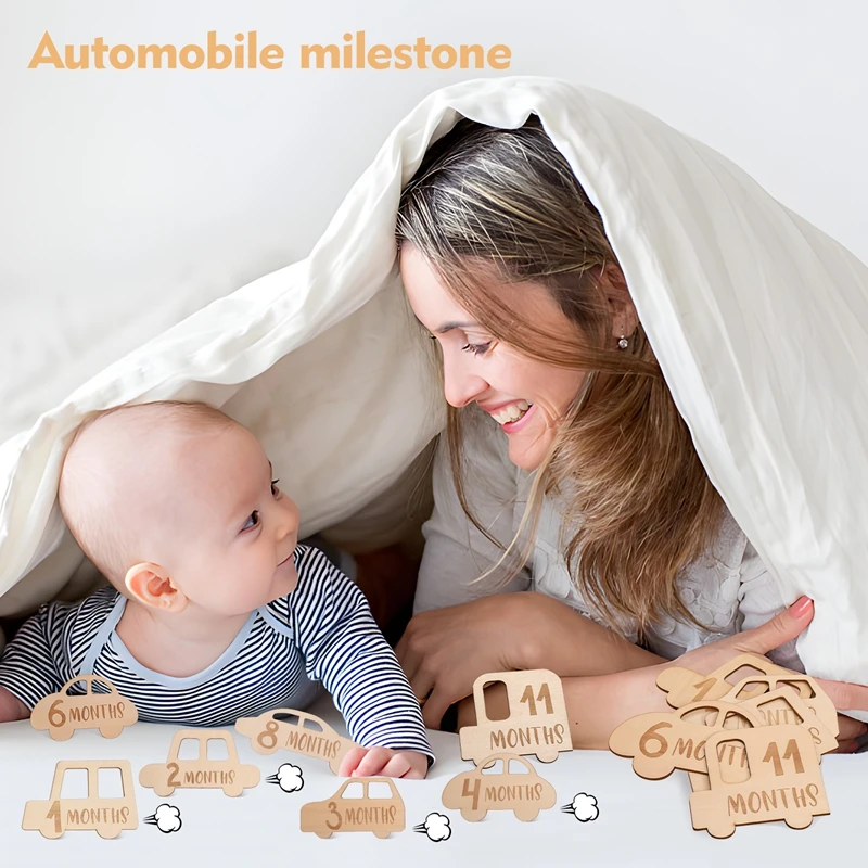 Cartes en Bois en Forme de Voiture pour Bébé, 15 Pièces/Ensemble, Carte d'Enregistrement de la Croissance des Nourrissons, Fait à la Main, Cadeau de Naissance pour Nouveau-Né, Accessoires de Photographie