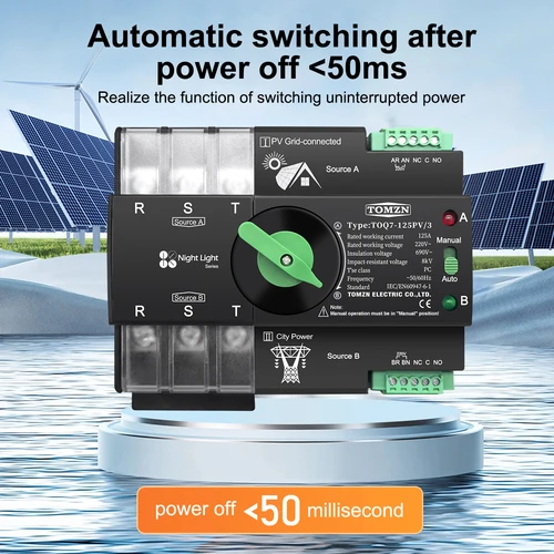 Imagen 2 del producto Interruptor Selector Eléctrico de Transferencia Automática de Doble Potencia TOMZN para Riel DIN, Trifásico, 2P, 3P, 4P, 63A, 100A, 125A, 230V, Ininterrumpido