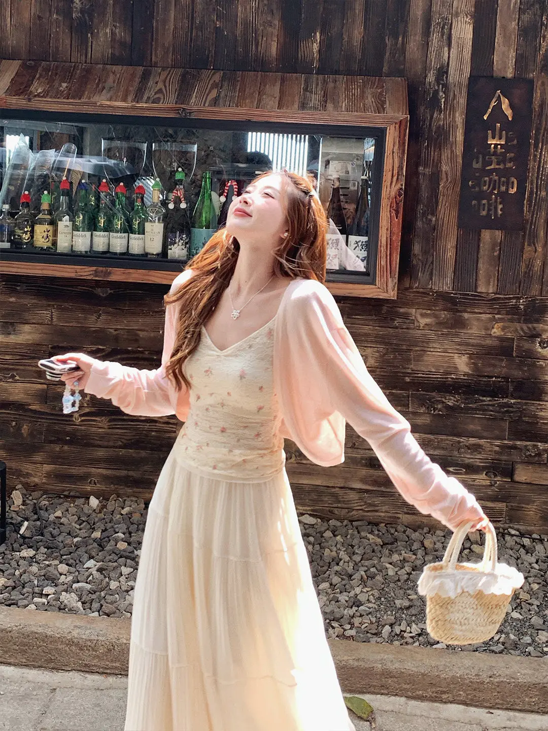 Pink Knitted Cardigan Thin Summer Outerwear with Strap UV Protection Light Weight Women's Fashion Korean Style Short Coat