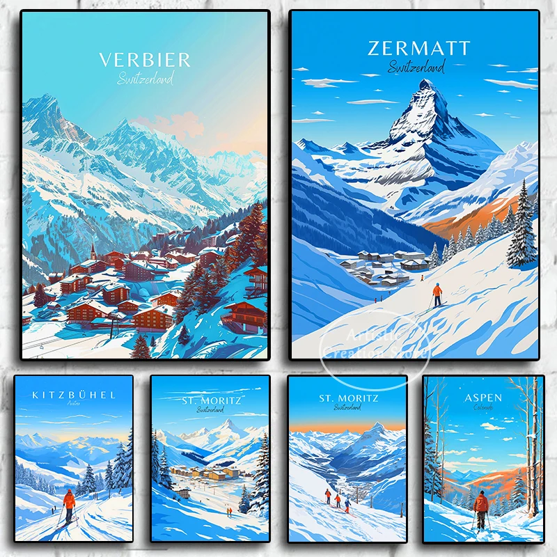 Retro Minimalist Switzerland Saint Moritz Aspen Skiing Winter Sport Snowmountain Poster Canvas Painting Wall Pictures Home Decor