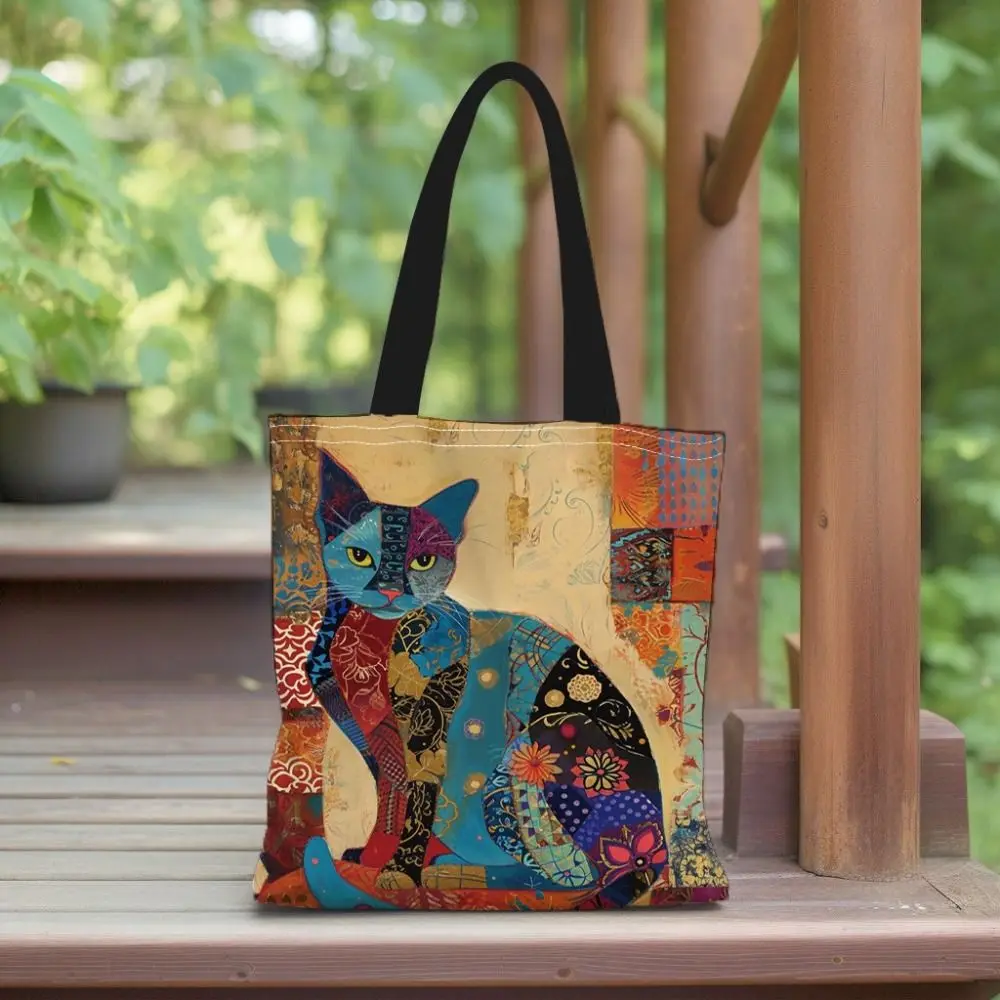 Trendy Floral Cat Pattern Tote Bag Aesthetic Canvas Lightweight School Shoulder Bag Gift Portable Grocery Shopping Bag