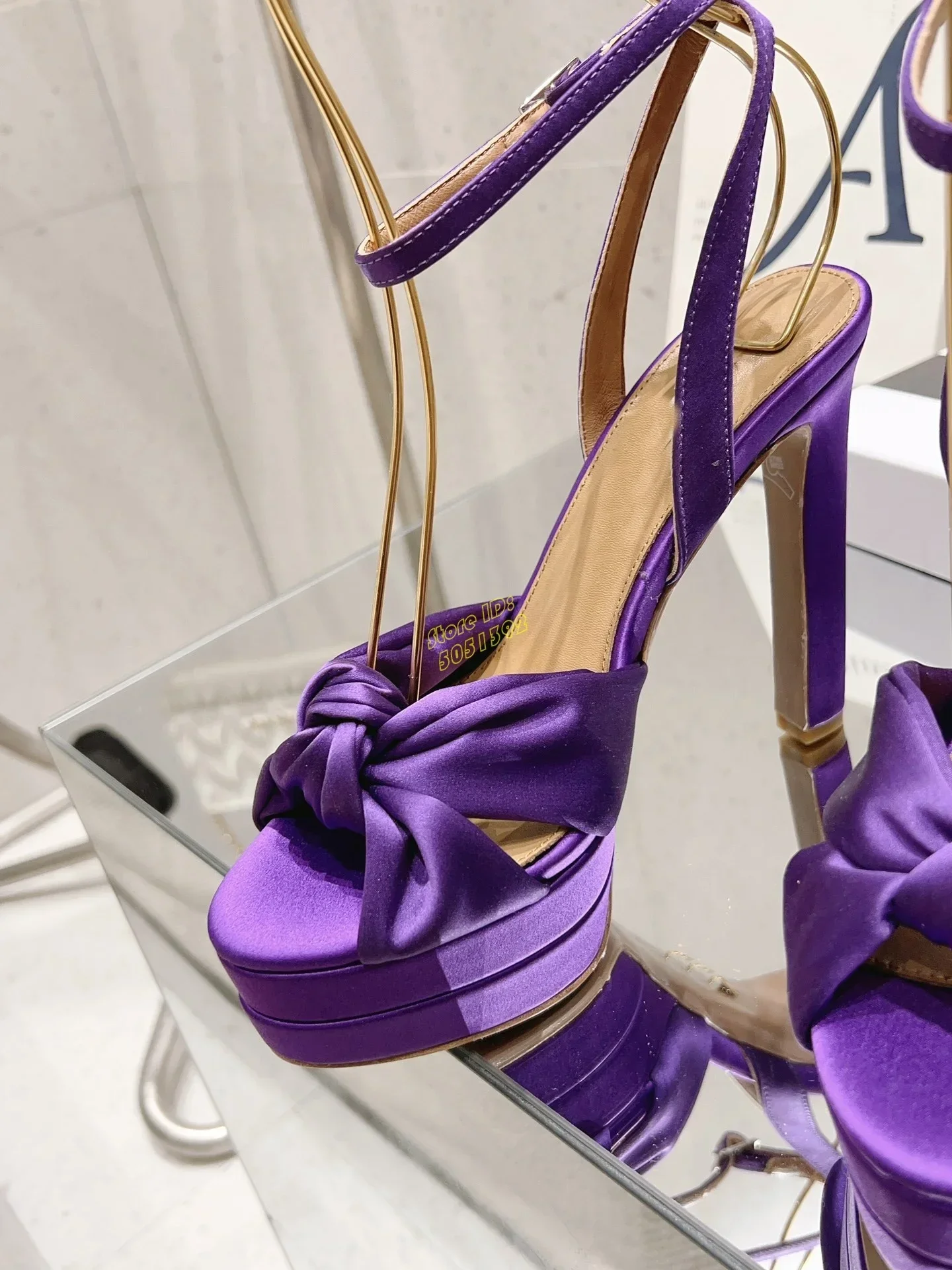 White Satin Twist Strap Sandals Peep Toe Ankle Buckle Strap Block Heel Runway 2026 Summer Women Dress Shoes Solid Purple