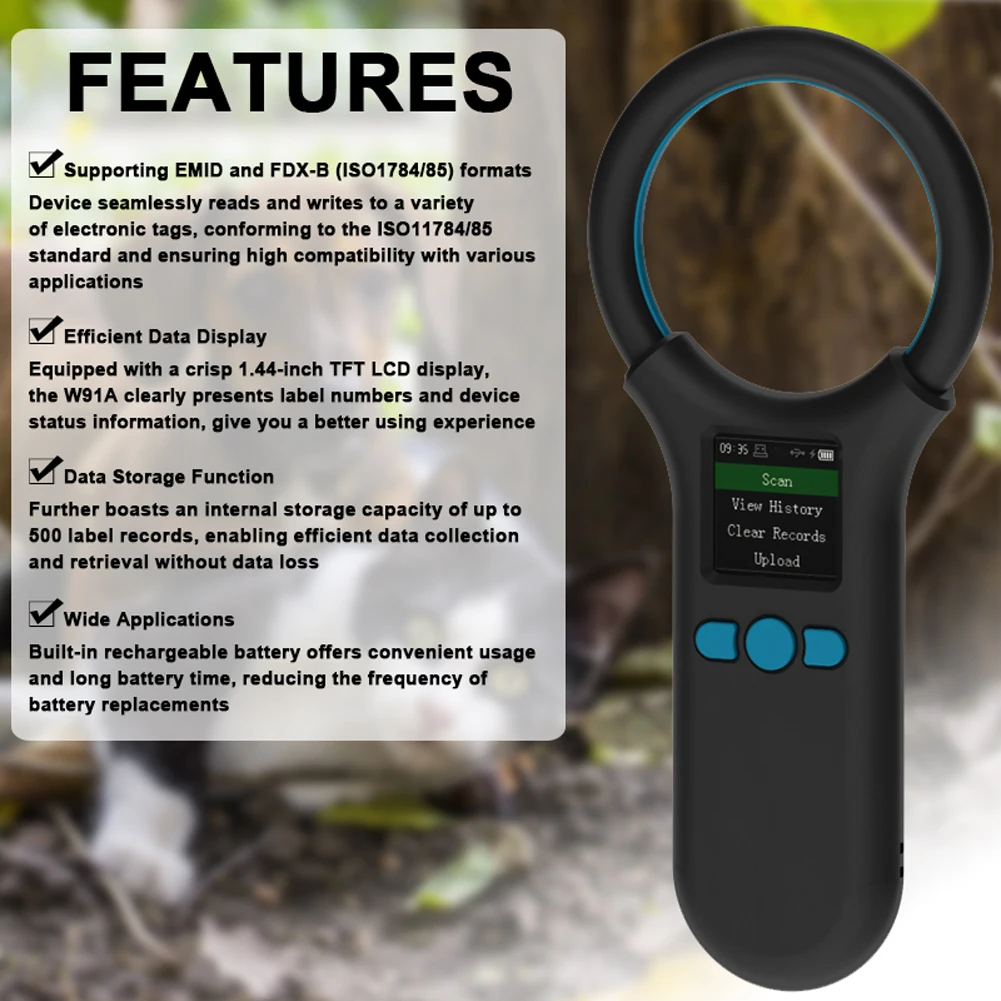 Handheld Animal Chip Scanner 1.4inch TFT Chip Reader Rechargeable Animal Tag Scanner Support EMID FDX-B ISO11784/85 Label Format