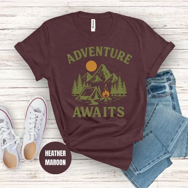 Adventure Awaits T Shirt Nature Hiking Mountain Wanderlust Travel