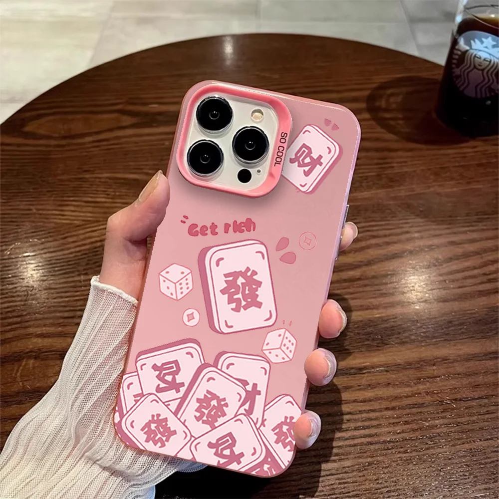 Fashion Chinese Girls Pink Mahjong Ins Style Phone Case For IPhone 12 11 13 14 15 16 Max Pro Plus Laser Cover