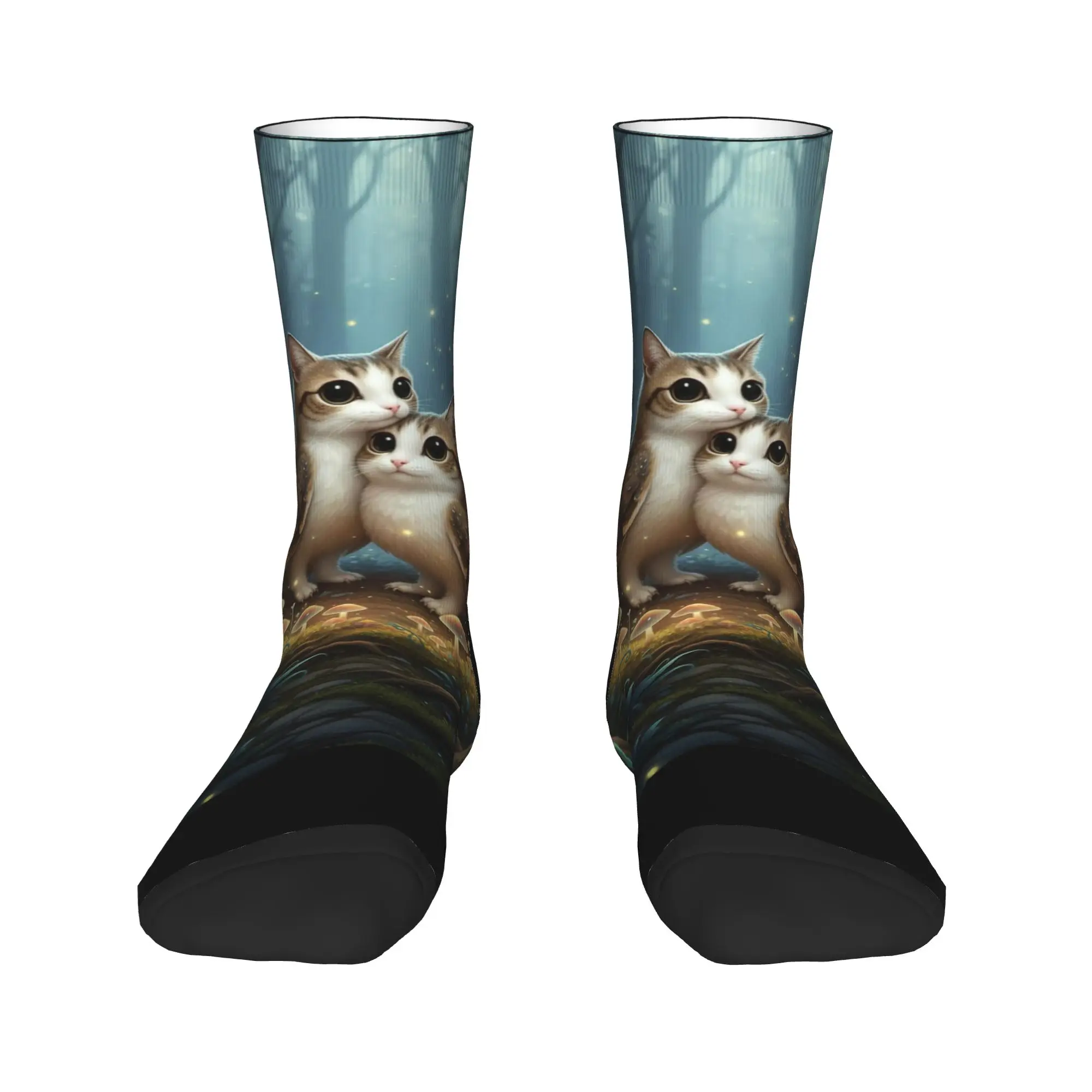 Two Meowls in Glowing Mushroom Ring Stockings Men's Socks Breathable Funny Socks Autumn Running Sports Non-Slip Design Socks