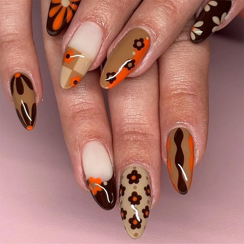 24 قطعة لون الشاي الحليب لطيف الأظافر وهمية البرتقال عباد الشمس المطبوعة الخريف الشتاء اضغط على الأظافر لامعة اللوز انفصال أظافر صناعية #1