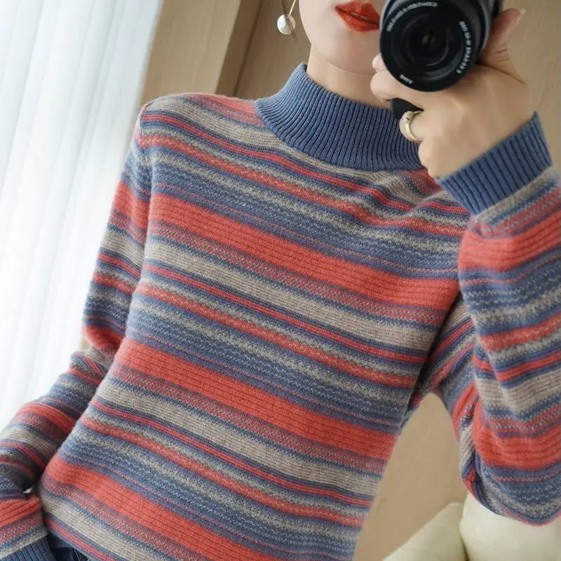 2024 New Fashion Autumn Women\'s Rainbow Knitted Shirt Women\'s Loose Long Sleeve Top Women\'s Striped Base Long Sleeve T-Shirt