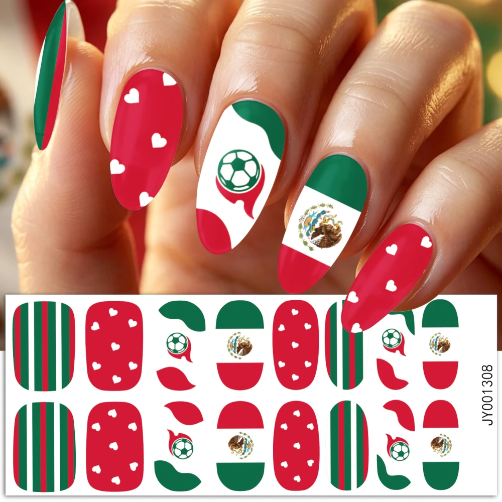 16Tips Football Match Fans Nail Art Stickers Mexico Green White Red Heart Soccer Nail Wrap Full Cover Adhesive Sport Fans Slider