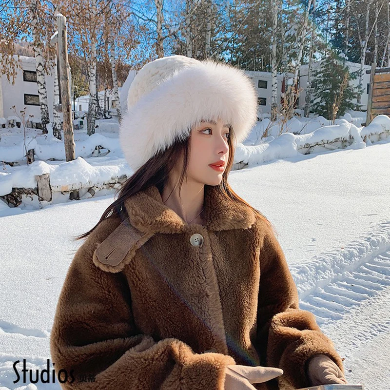 New Style Female Fashion Knitted Fluffy Real Rex Rabbit Fur Hat Women Outdoor Winter Warm Natural Fox Fur Hats Lady Knit Fur Cap