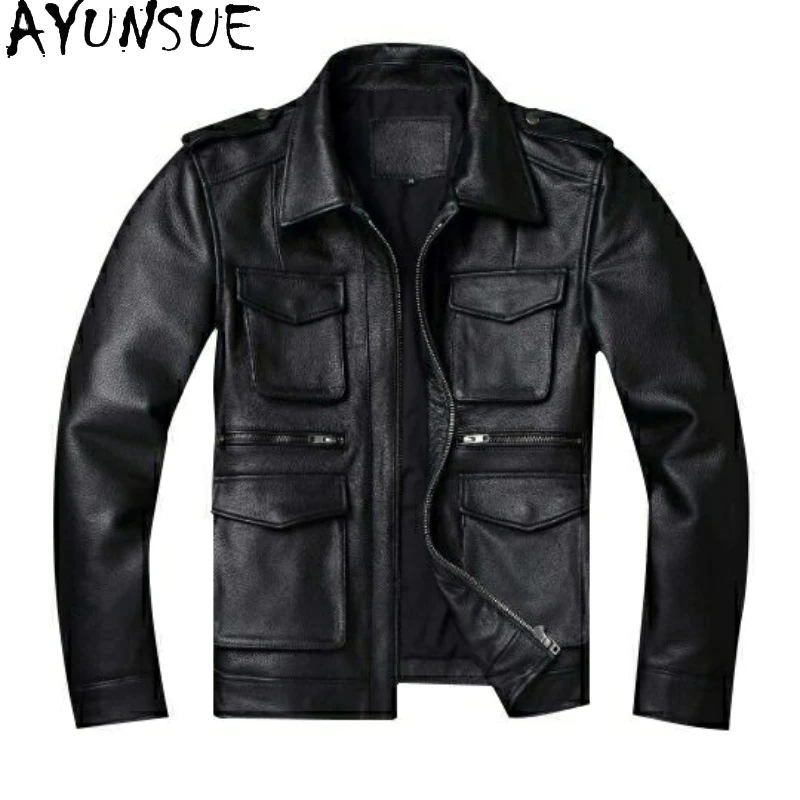 

AYUNSUE Genuine Leather Jackets Cowhide Coats Mens Clothing Fashion Short Motorcycle Jacket Jaqueta Militar Masculina Slim Fit