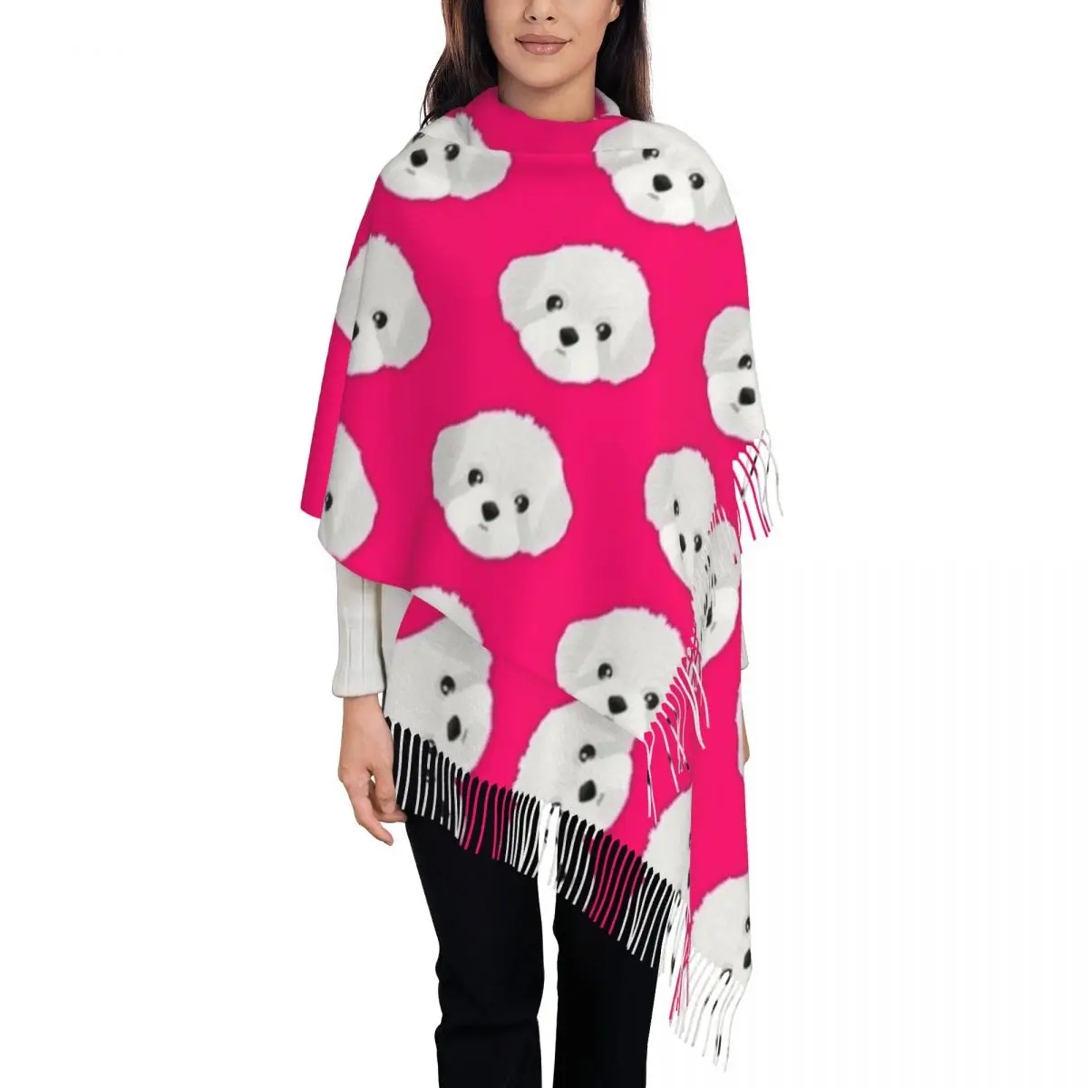 

Womens Scarf with Tassel Maltese Cartoon Dog Large Winter Fall Shawl Wrap animal cute Daily Wear Cashmere Scarf