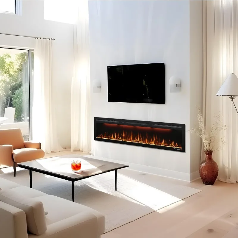 60 inch Electric Fireplace, Recessed and Wall Mounted Slim Electric Fireplace, 750/1500 Watt Heater Fireplace,Log Crystal Hearth