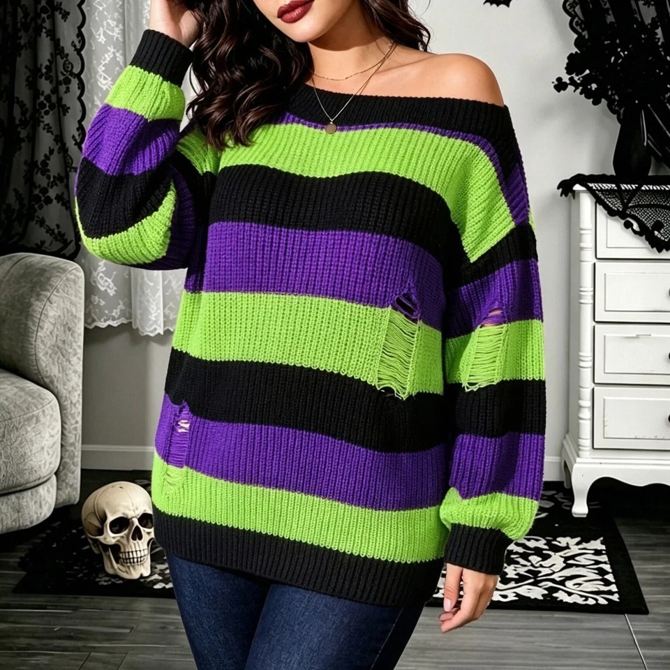 Women's Plus Size Halloween Striped Sweater Off Shoulder Distressed Knit Pullover Y2K Gothic Punk Oversized Fall Winter Top