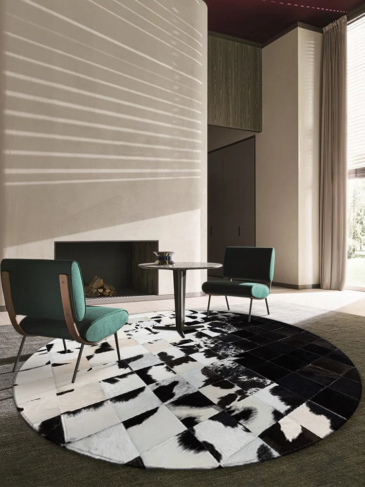 Modern Luxury Black and White Cowhide Mosaic Round Cowhide Rug  Room Tea Table Mat Cloakroom Bedroom Bedside Leather Carpet