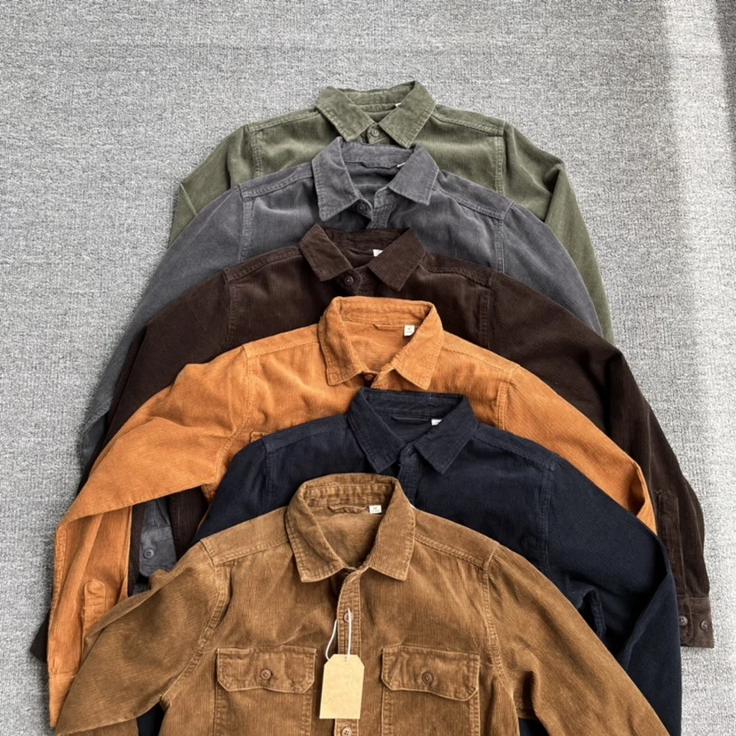 

Autumn Winter New American Retro Corduroy Solid Color Cargo Shirt Men's Fashion 100% Cotton Washed Double Pocket Casual Blouses