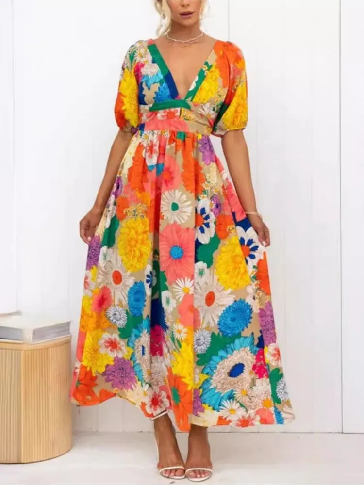 Sexy V-neck Printed Puff Sleeve Casual Holiday Dress For Women 2024 Elegant Boho Maxi Dresses Robe Femme