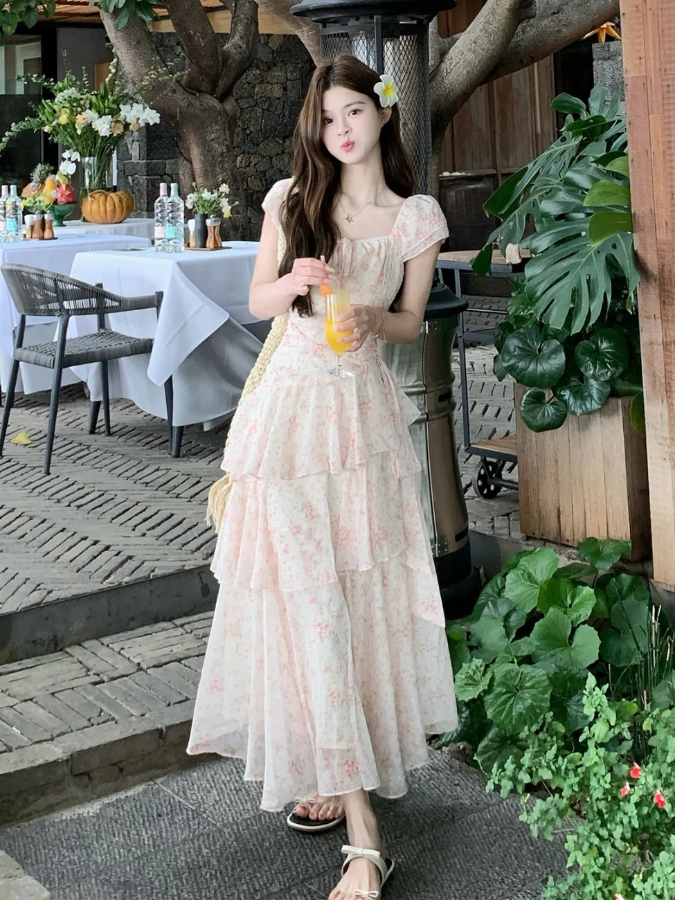 

Sweet Floral Short Sleeve Maxi Dress Korean Style High Waist Cake Skirt Design Summer New Arrival Slimming Effect Gown