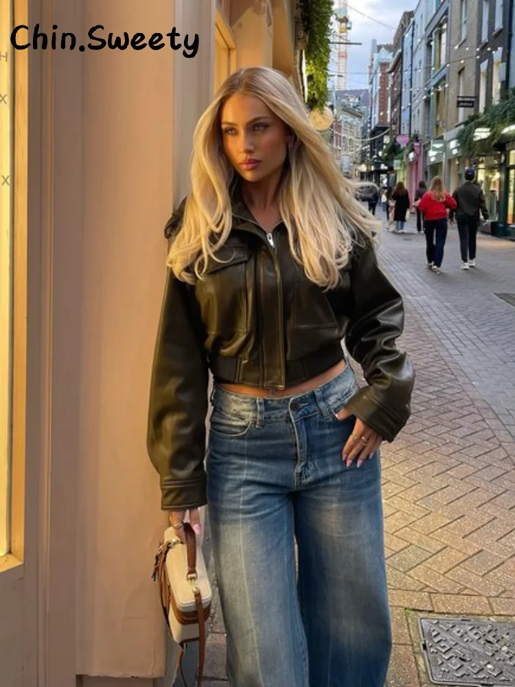 Chaqueta de cuero recortada con bolsillos Vintage para mujer, abrigo holgado con cuello levantado y manga larga con cremallera, prendas de vestir elegantes para mujer 2025