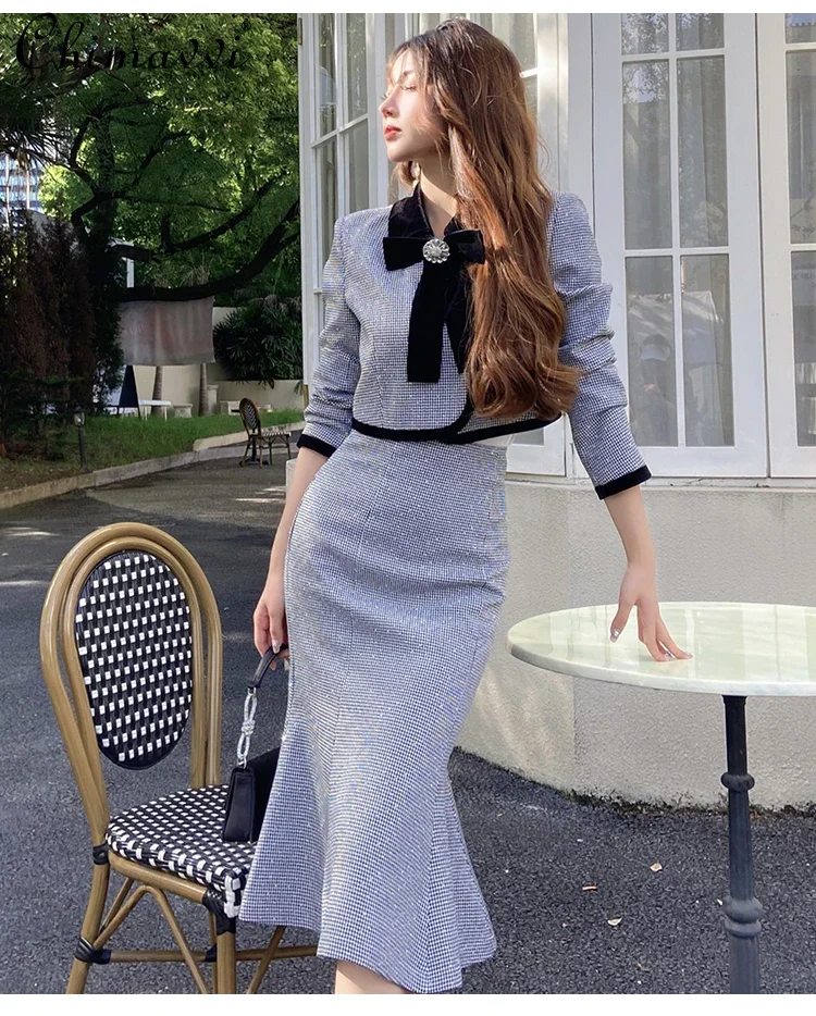 French Elegant Commuter Diamond Plaid Bow Lapel Short Jacket High Waist Slim Hip-wrapped Fishtail Long Skirt Two Piece Set Women