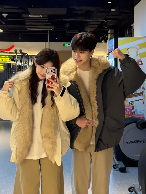 

Мужская зимняя куртка Warmth Mountain Eagle с большим меховым воротником и шарфом, хлопковая, свободного кроя, для пар, модная верхняя одежда