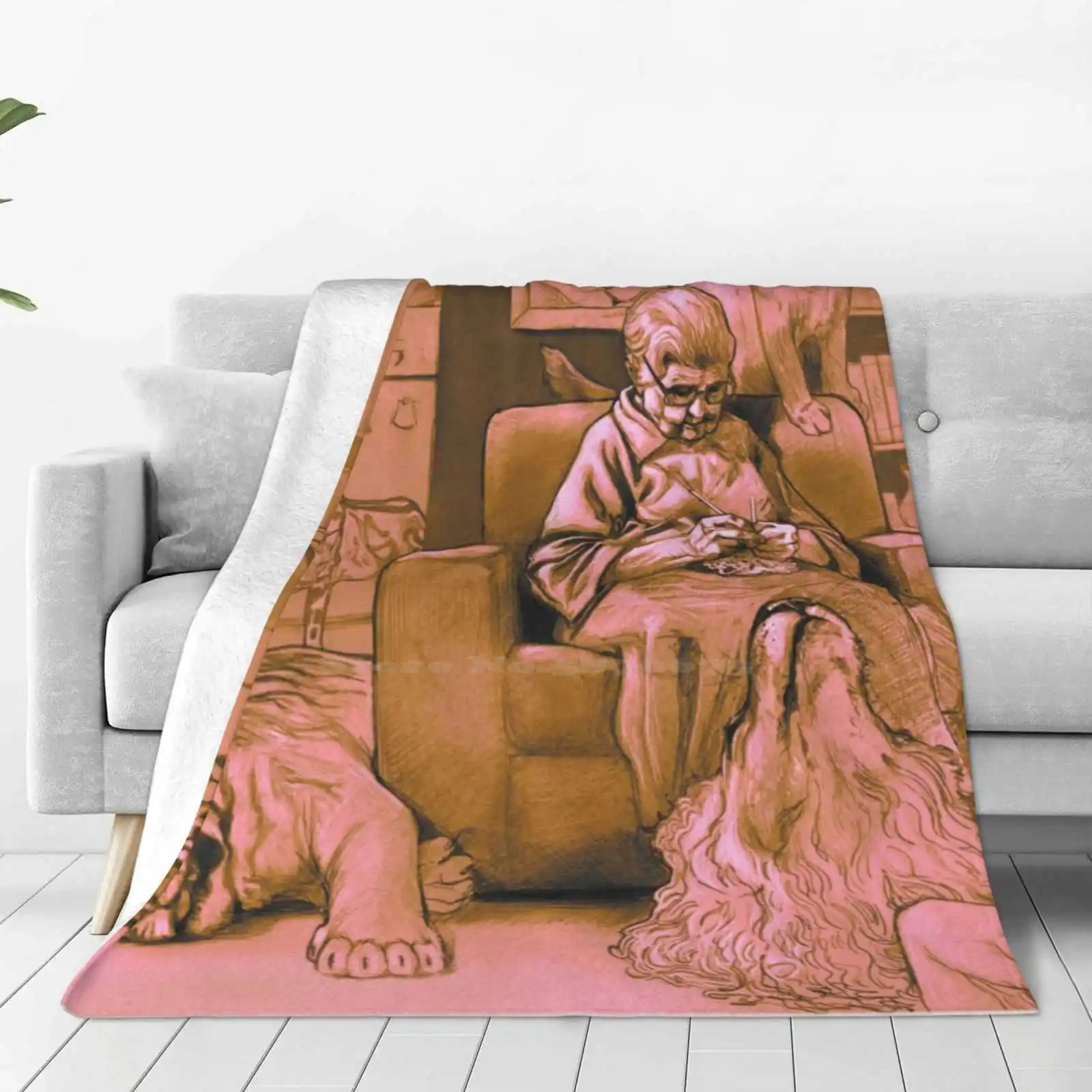 Cat Lady Chilling Knitting Graphic Illustration New Arrival Fashion Leisure Warm Flannel Blanket Big Cats Lion Tiger Cheetah