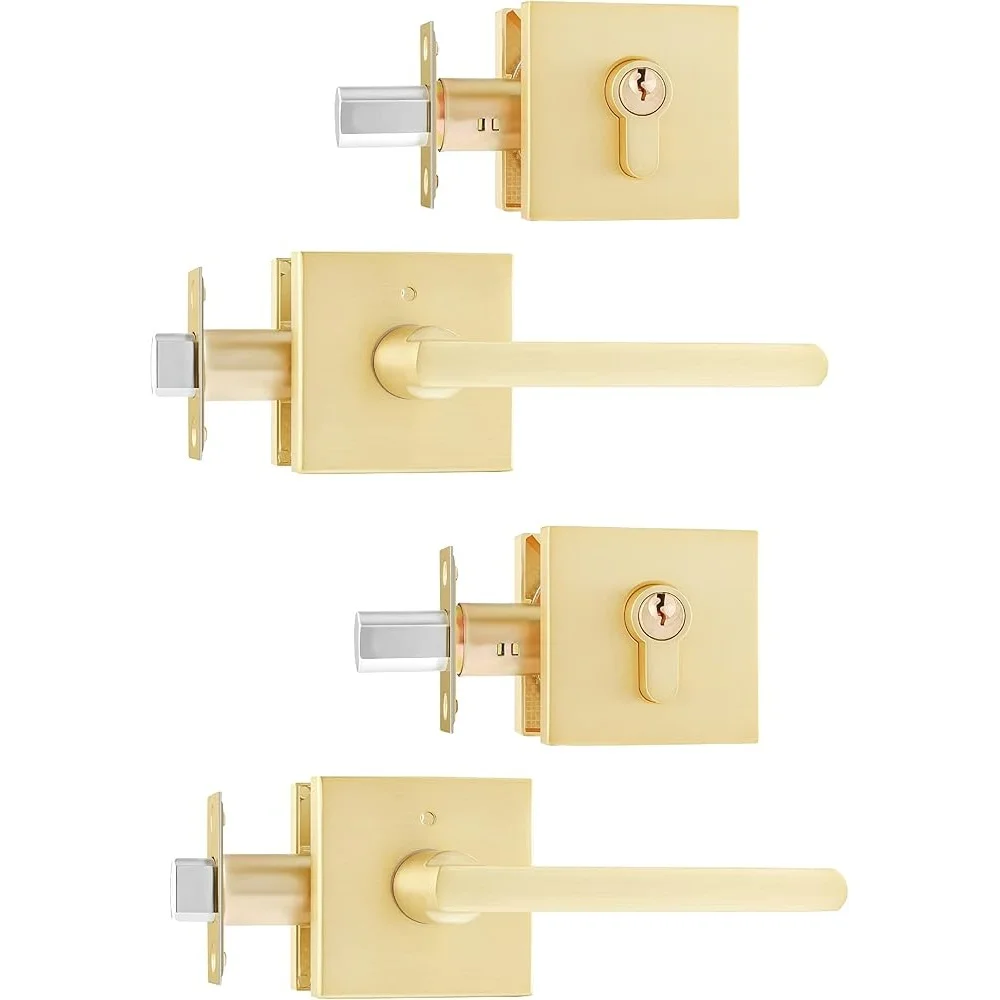 2 Pack Door Handleset with Single Cylinder Deadbolt Heavy Duty Square Locking Lever Set Residential Entry Security