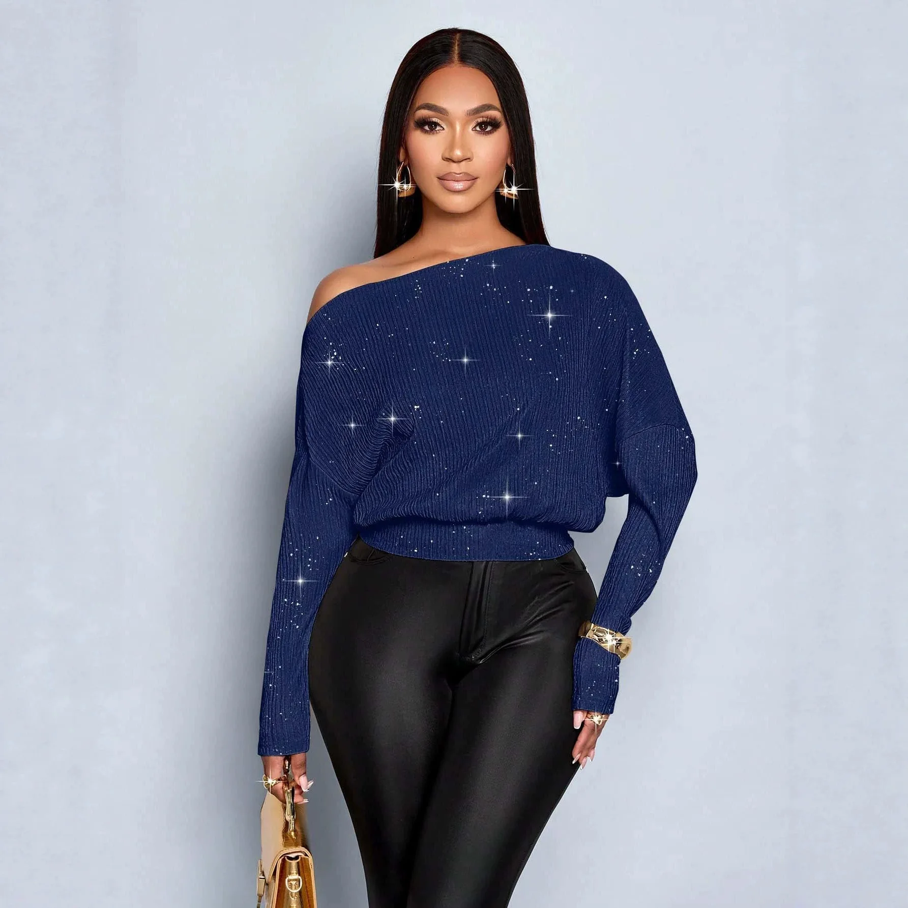 Women's New Off Shoulder Sequin Glitter Long Sleeve Pullover Sweater Loose Soft Versatile Trendy Casual Commute Wear Knit Jumper