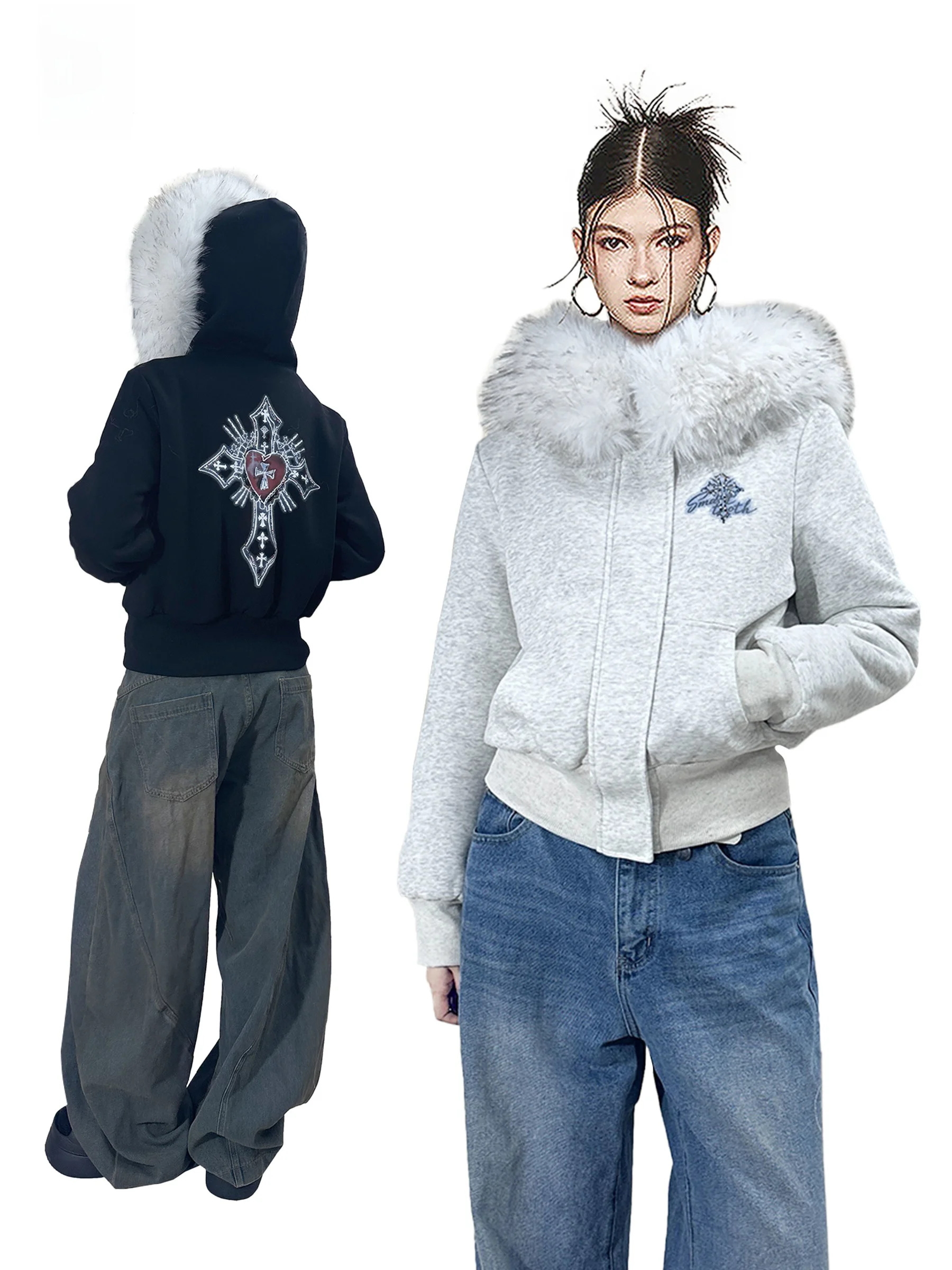 

Cool Spicy Girl Fce Lined Printed Jaet Women's Autumn Winter Fur Collar Hooded Casual ort Top