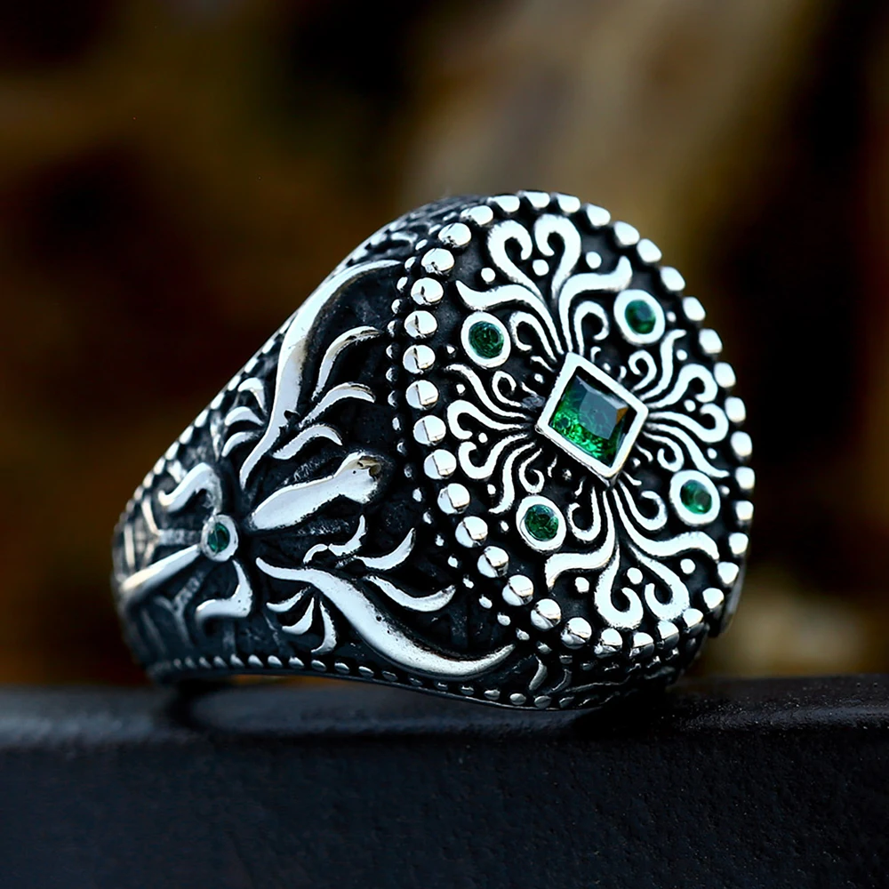 Vintage Edelstahl hand gefertigte türkische Siegelringe für Männer Frauen Punk geschnitzten Ring mystischen Zirkon Inlay Mode Biker Schmuck