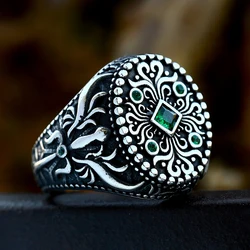 Vintage Stainless Steel Handmade Turkish Signet Rings for Men Women Punk Carved Ring Mystic Zircon Inlay Fashion Biker Jewelry