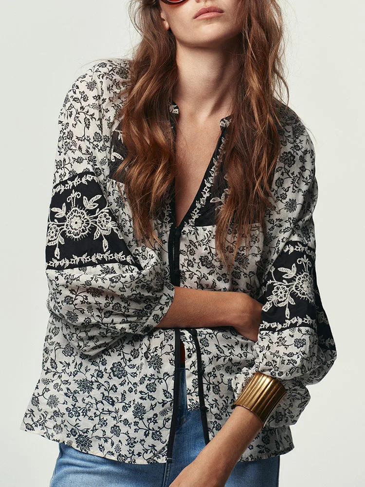 High-End Inverno Nuovo Casual Stampa Floreale In Rilievo irt per Le Donne ZA2025 Ele Etnico Sle Costume di Scena Delle Signore Faion