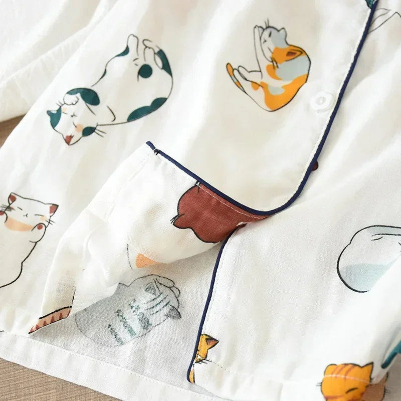 Japanese Summer Ladies New Pajamas Two-piece 100% Cotton Gauze Thin Short-sleeved Shorts Cute Cat Cartoon Home Service Set Women