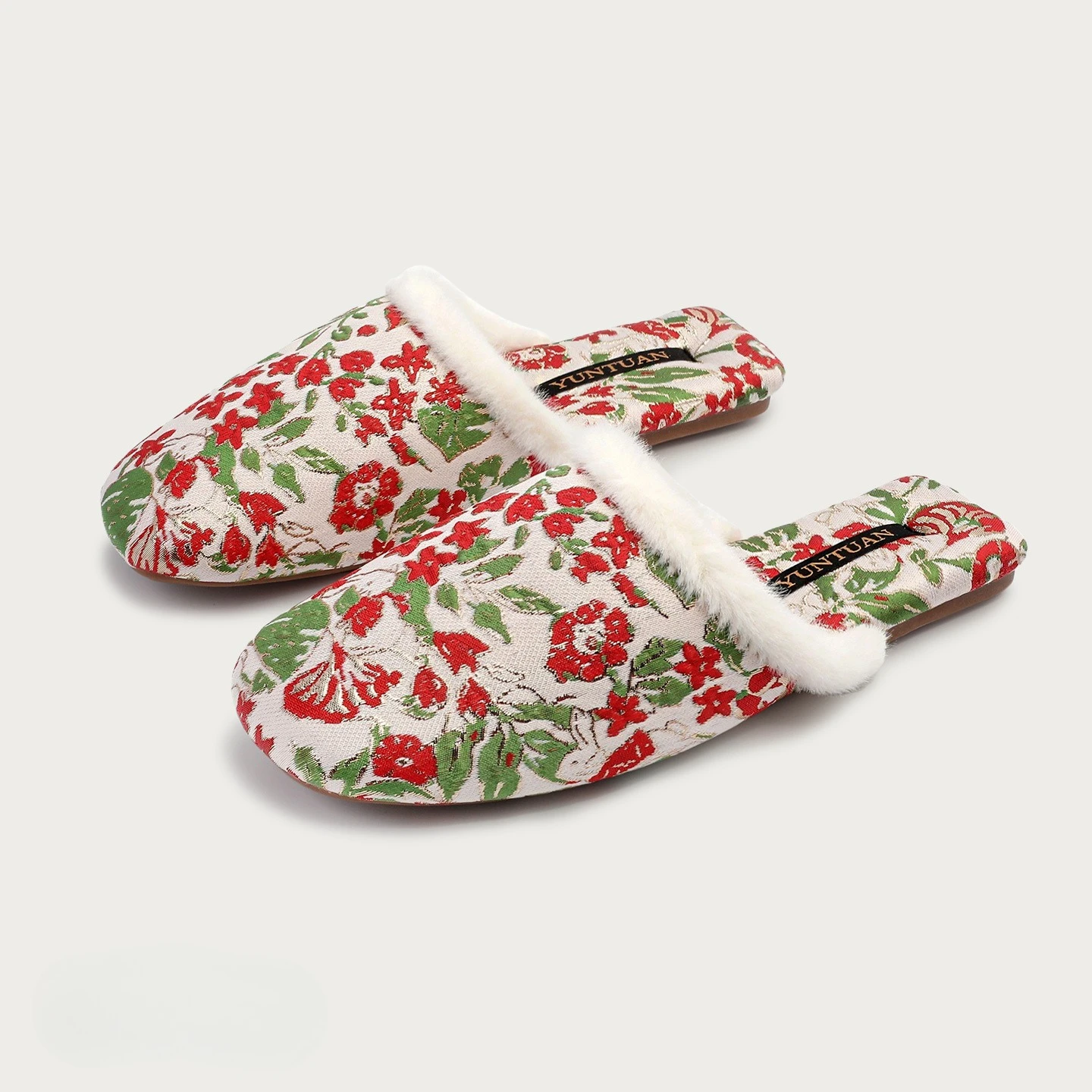 الخريف الشتاء صوف مبطن الأزهار نمط الجاكار النمط الصيني النعال القطنية الدافئة للاستخدام المنزلي للنساء مع زخرفة فرو المنك