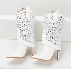 Sexy Brand Luxury Bling White Crystal Mid Calf Stiletto Womens Designer Stacked Wedding Boots Rhinestone Glitter Fold Over Boots