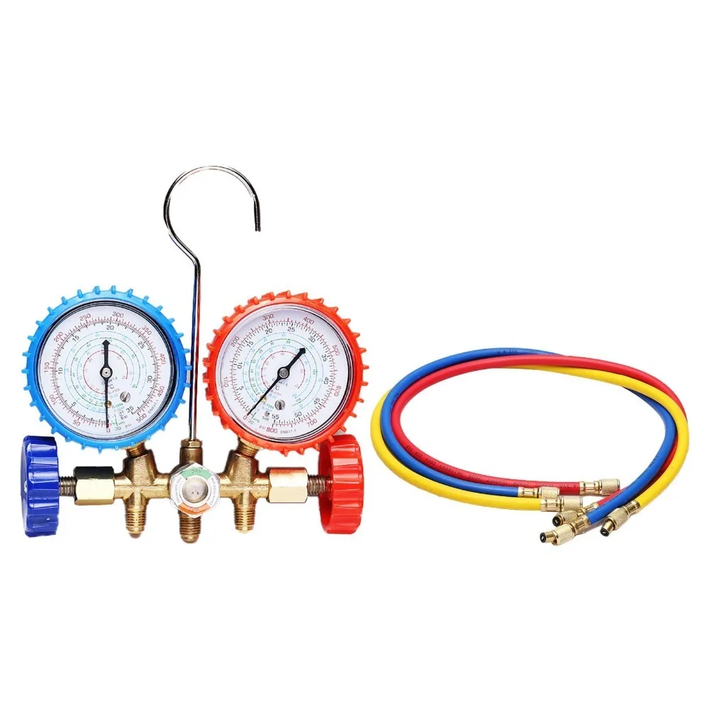 Alloy Manifold Gauge Set Vacuum Gauge Quick Coupler AC Manifold Gauge Set 3-Color Hoses With Metal Hanging Hook