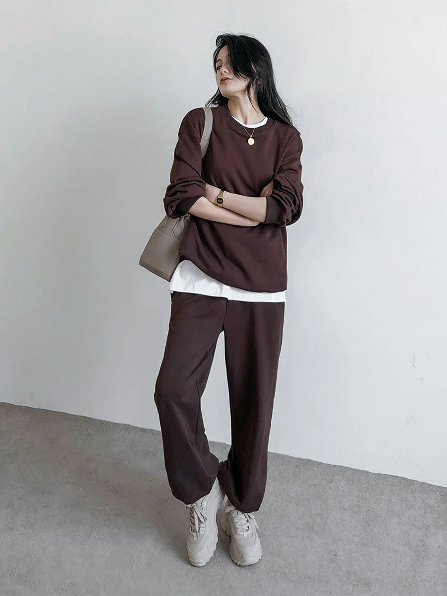 XiaoqianPatternAmerican Retro Pure Cotton Casual Layup Long Sleeve Sweater Sports Pants Set for Women