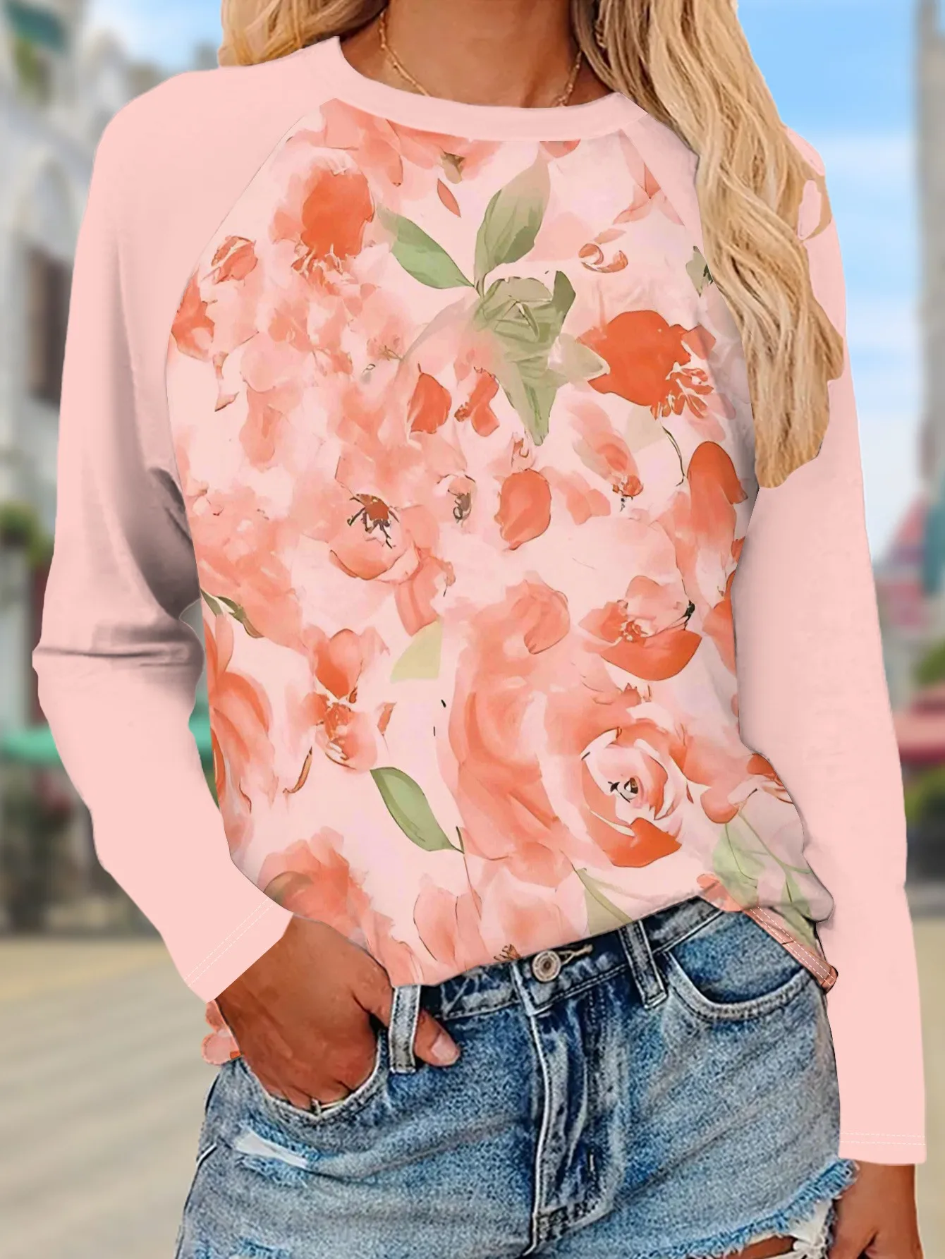 New Women Round Neck Long Sleeve T-shirt Watercolor Rose Floral Street Print Casual Top Spring Autumn Ladies Daily Wear