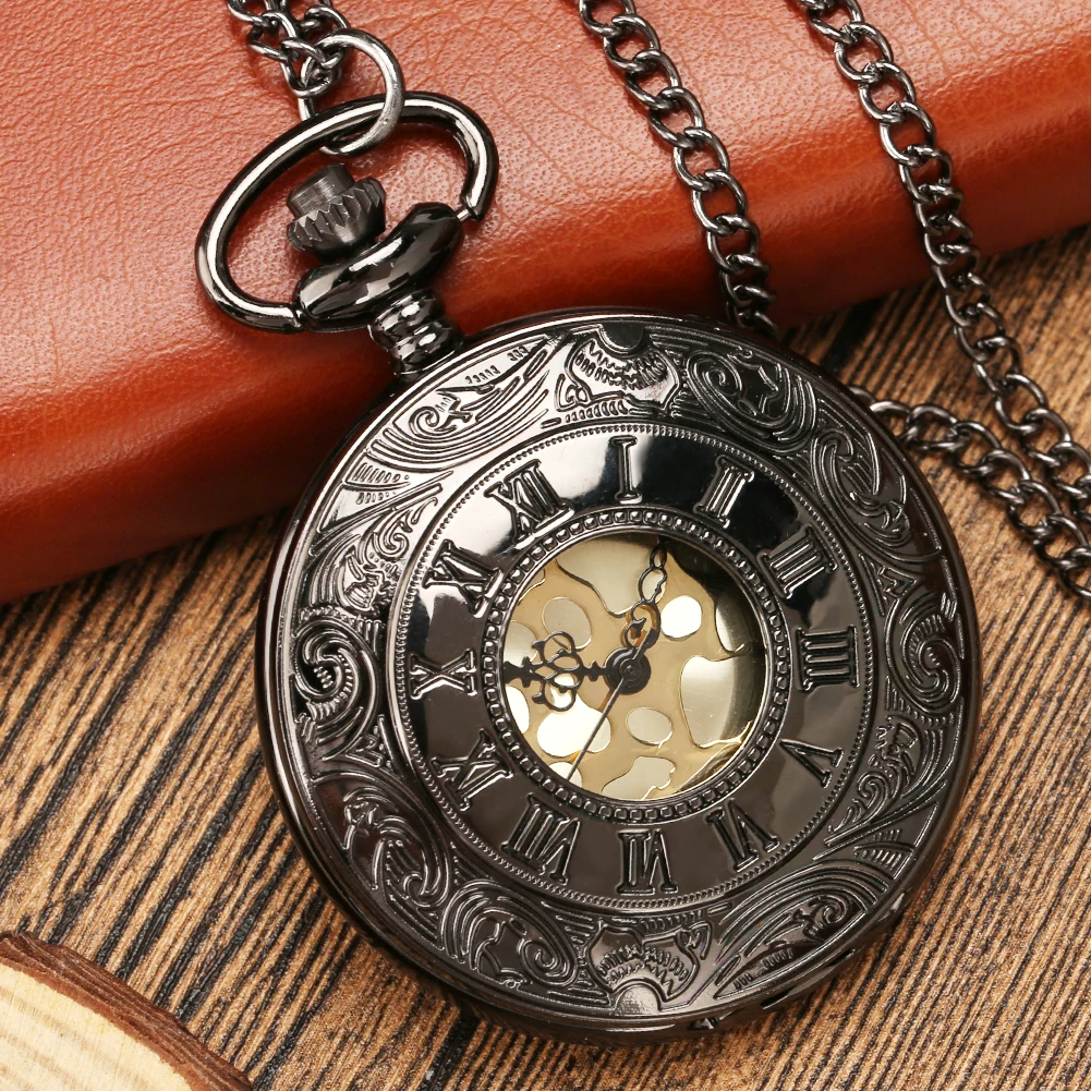 Design Zwart Grijs Romeinse Wijzerplaat Quartz Vintage Antiek Zakhorloge Ketting Horloges Met Ketting P413