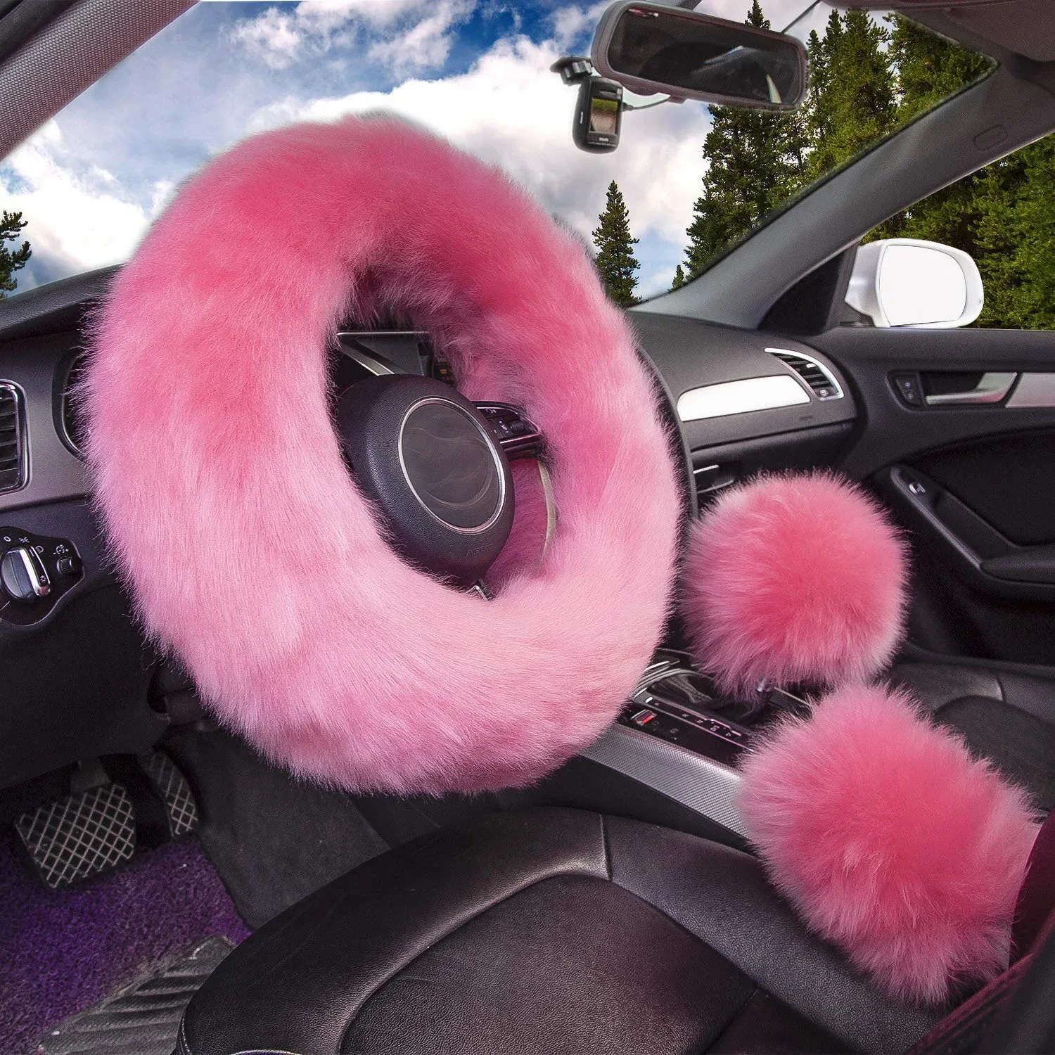 New 38cm Solid Soft Warm Long Wool Fuzzy Steering Wheel Cover Woolen Handbrake Car Accessory Sheep Fur Plush Protector Cover Kit