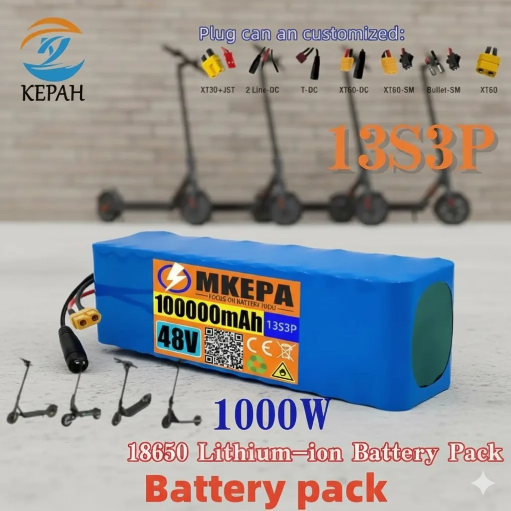 Safe High-Power Battery Pack + Charger｜48V 100Ah 13S3P 1000W BMS, Compatible with 54.6V E-bike/Scooter