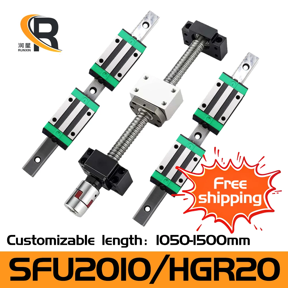 RXTNC 2pc HGR20 Linear Guide+4pc HGH20CA HGW20CC block+SFU2010 ball screw with End Machine BK/BF15 L 1050-1400 for CNC Engraving