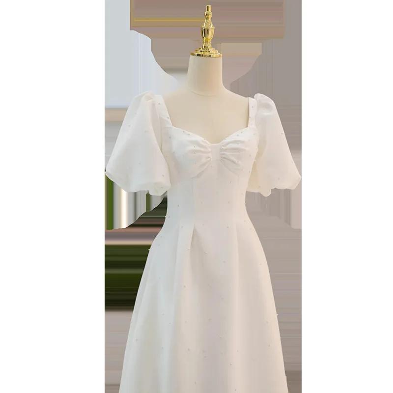 N11138 Süße Speicher Puff Ärmeln Hochzeit Kleid Perlen Illusion Backless Bodenlangen Satin A-Line Lange Robe Mariage Brautkleider