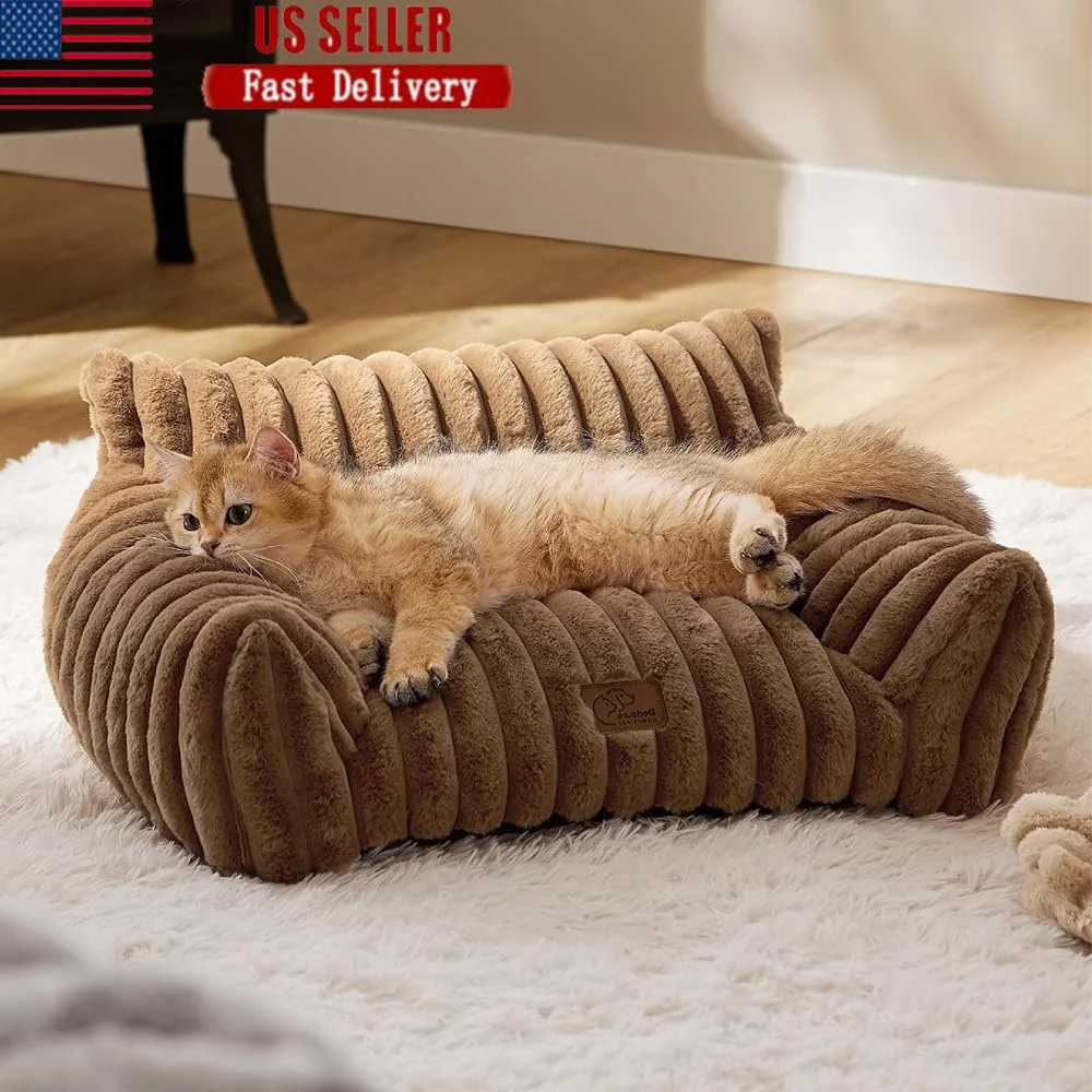 

Soft Corduroy Pet Couch Fluffy Cat Dog Chair with Supportive Backrest Washable Cover Non-Slip Design Comfort