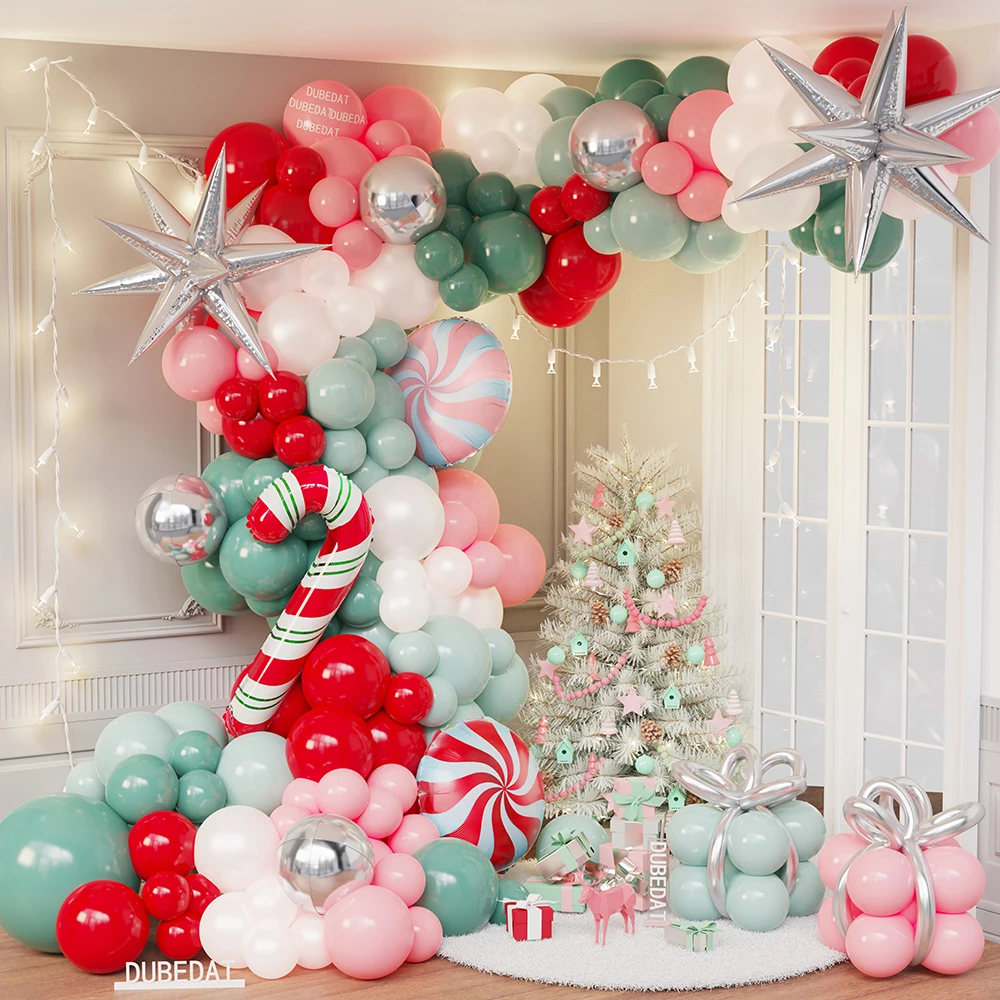 

139/145pcs Red Green Christmas Balloon Garland Arch Kit Cane Lollipop Foil Balloon with Candy Bar Holiday Party Decorations