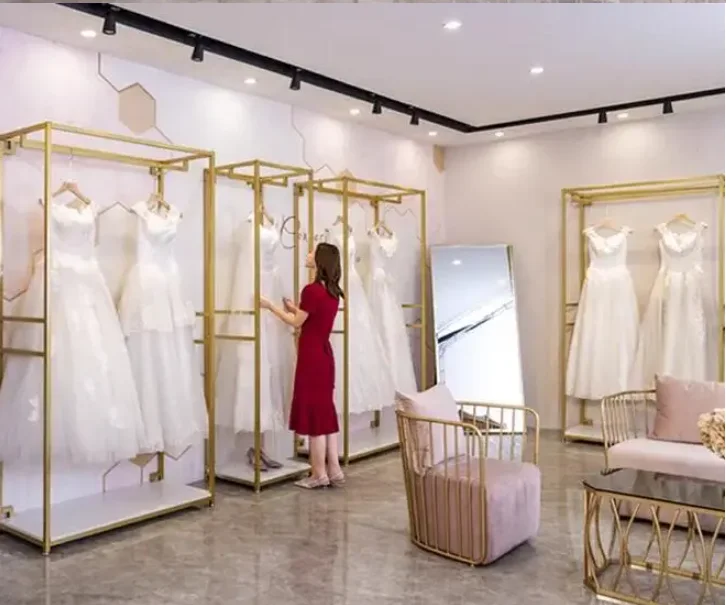 High end wedding dress store display rack, qipao formal dress hanging rack, gold hanging wedding dress rack