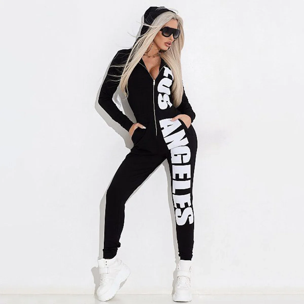 Oshoplive Women Fashion Personalized Letter Print Hooded Jumpsuits 2023 Spring Autumn Long Sleeves Casual One Piece Sportswear