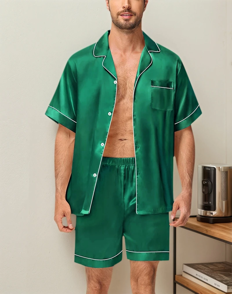 

Уютный шелковый мужской пижамный комплект с короткими рукавами, нагрудным карманом и лацканами, топ и эластичные шорты, удобная одежда для сна свободного покроя, ночная рубашка