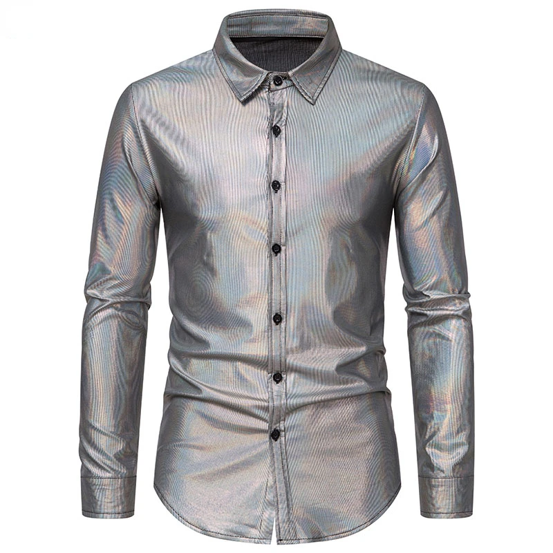 

Silver Metallic Giltter Dress Shirts Men 2023 New 70's Disco Party Halloween Costume Shirt Mens Club Stage Performance Chemise